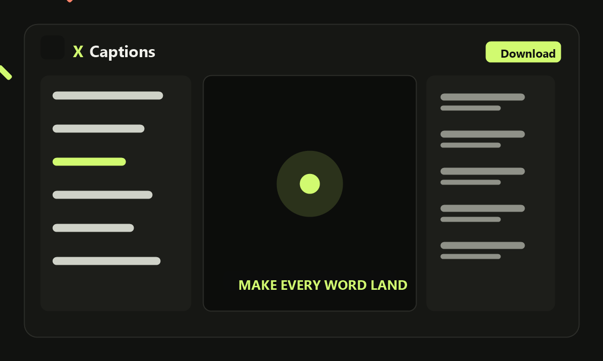 The XCaptions editor: a list of word-timed caption lines on the left, a video preview with a styled caption in the middle, and style controls on the right.